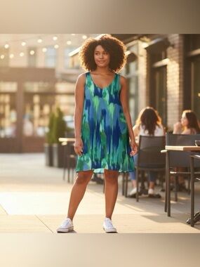 Catherines Chiffon Split Front Dress 3X Watercolor Green Blue Spring Summer NEW